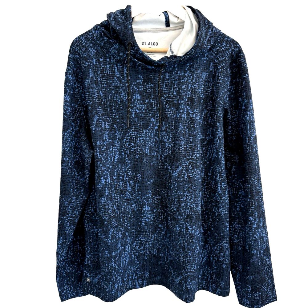 01. Algo Men’s Large Pullover Hoodie Blue Digital Camo Performance Athleisure
